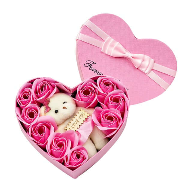 10 Heart-shape Soap Flower Gift Box Valentines Day Scented Rose Petals with Bear - DigitalDealHeaven Pink DigitalDealHeaven