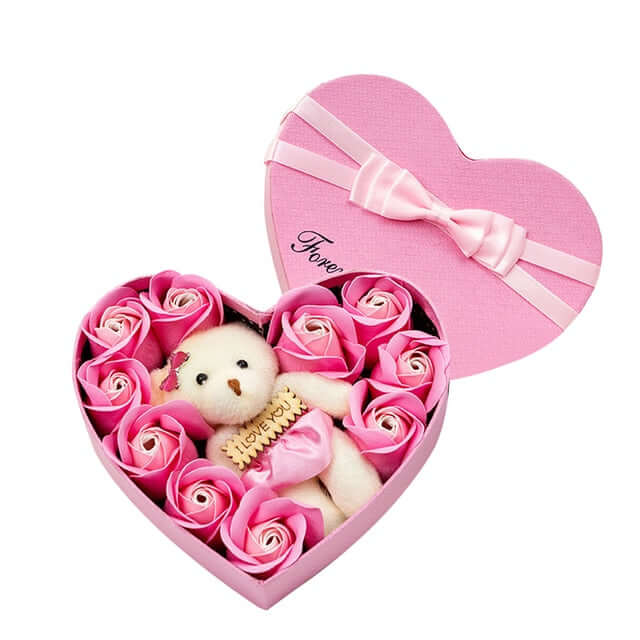 10 Heart-shape Soap Flower Gift Box Valentines Day Scented Rose Petals with Bear - DigitalDealHeaven Pink & White DigitalDealHeaven