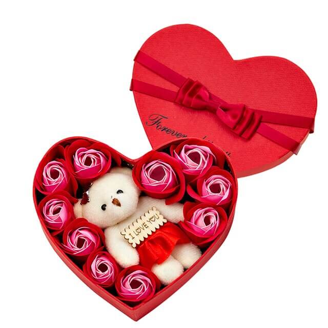 10 Heart-shape Soap Flower Gift Box Valentines Day Scented Rose Petals with Bear - DigitalDealHeaven Red & White DigitalDealHeaven