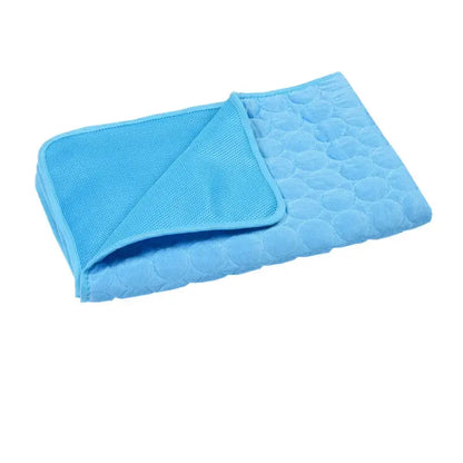 FrostyFur Pet Mat in blue, designed to keep pets cool and comfortable with self-cooling technology, no refrigeration or electricity needed.