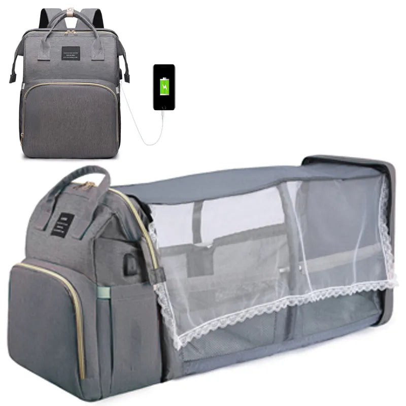 Mommy Bag With Portable Folding Crib - DigitalDealHeaven Grey silk screen DigitalDealHeaven