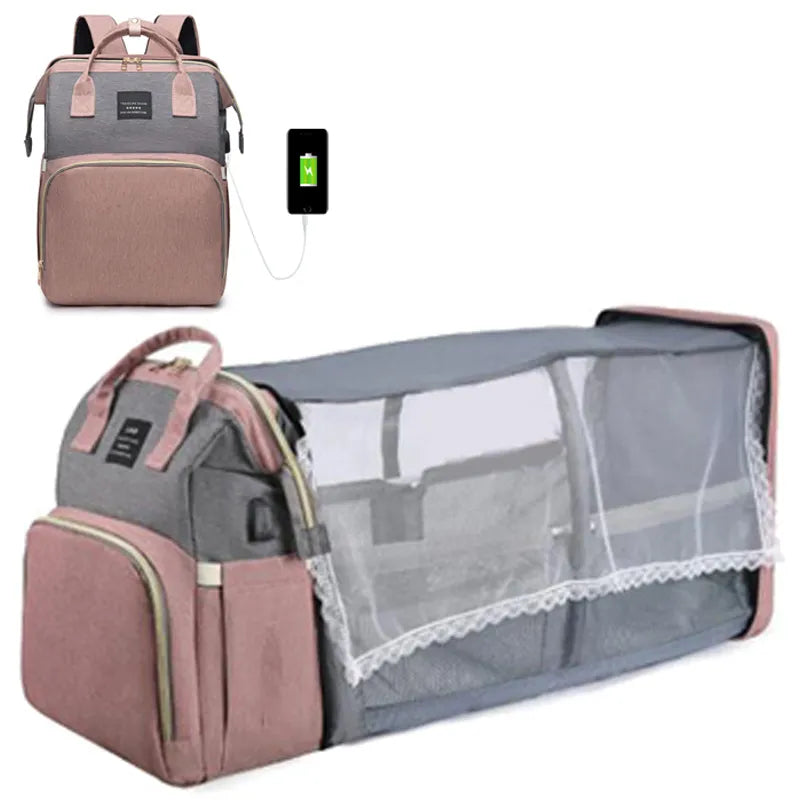 Mommy Bag With Portable Folding Crib - DigitalDealHeaven Pink silk screen DigitalDealHeaven