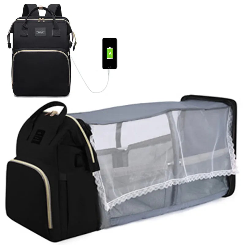 Mommy Bag With Portable Folding Crib - DigitalDealHeaven Black silk screen DigitalDealHeaven