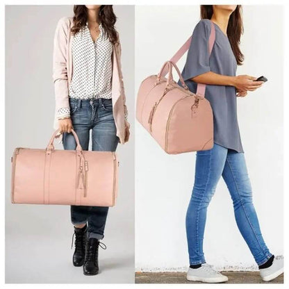 Women showcasing the stylish VoyageVault Carry-On duffel bag, perfect for fashion-forward travelers seeking durable and comfortable baggage.