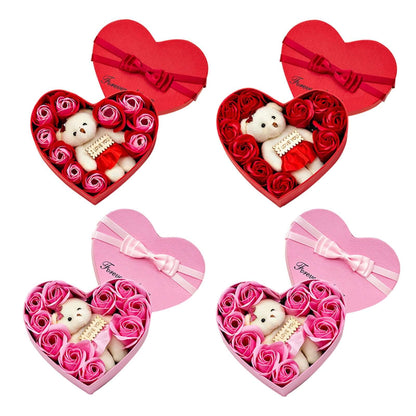 10 Heart-shape Soap Flower Gift Box Valentines Day Scented Rose Petals with Bear - DigitalDealHeaven DigitalDealHeaven